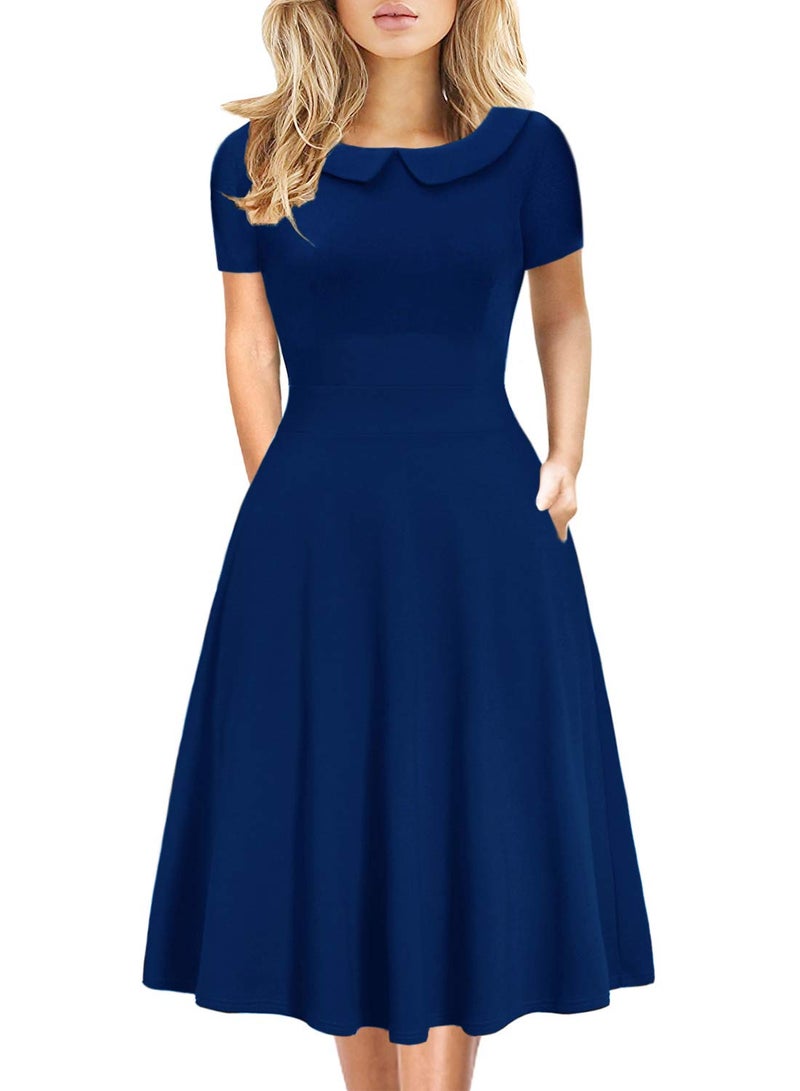 HELYO Peter Pan Collar Dresses for Women Knee Length Church Vintage Casual Solid Color Work Party A-Line Swing Dress with Pockets 978 Royal Blue L - Image 1